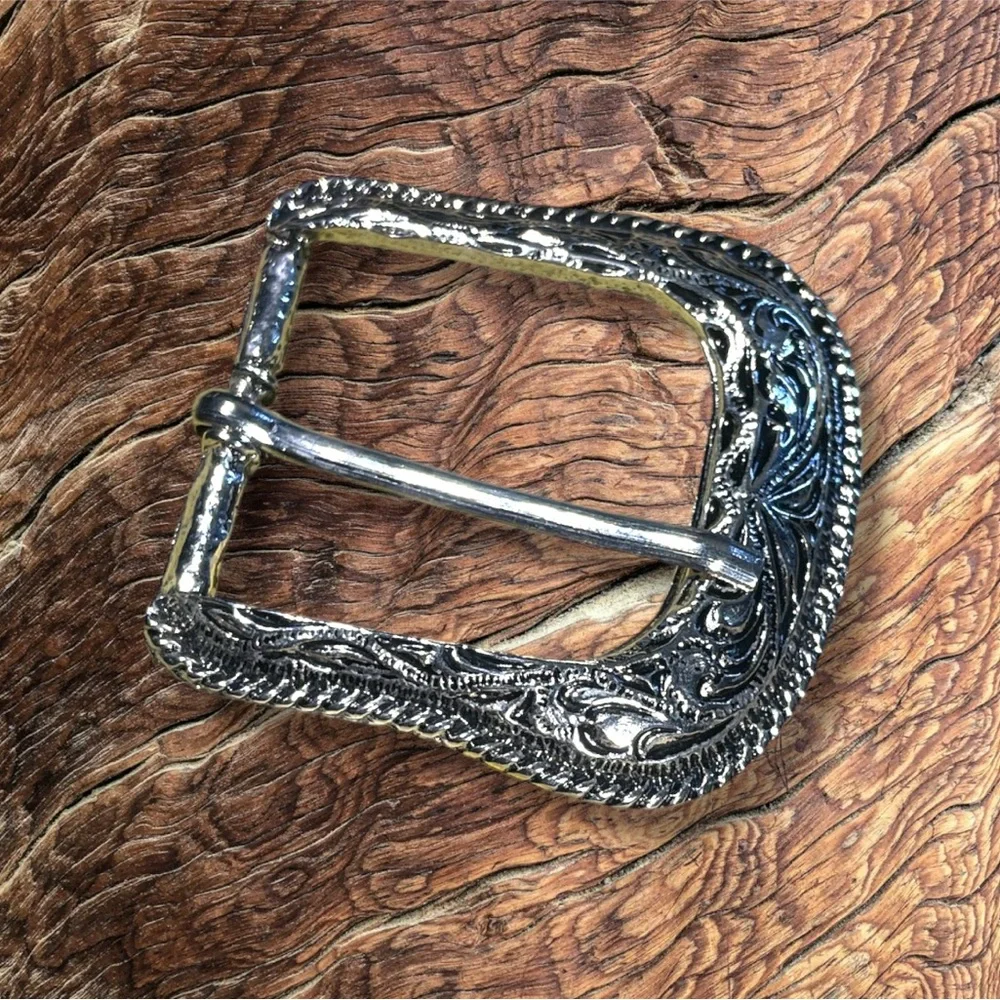 Western Silver-tone Cowboy Cowgirl Southwest Floral High Relief Buckle OS VGUC